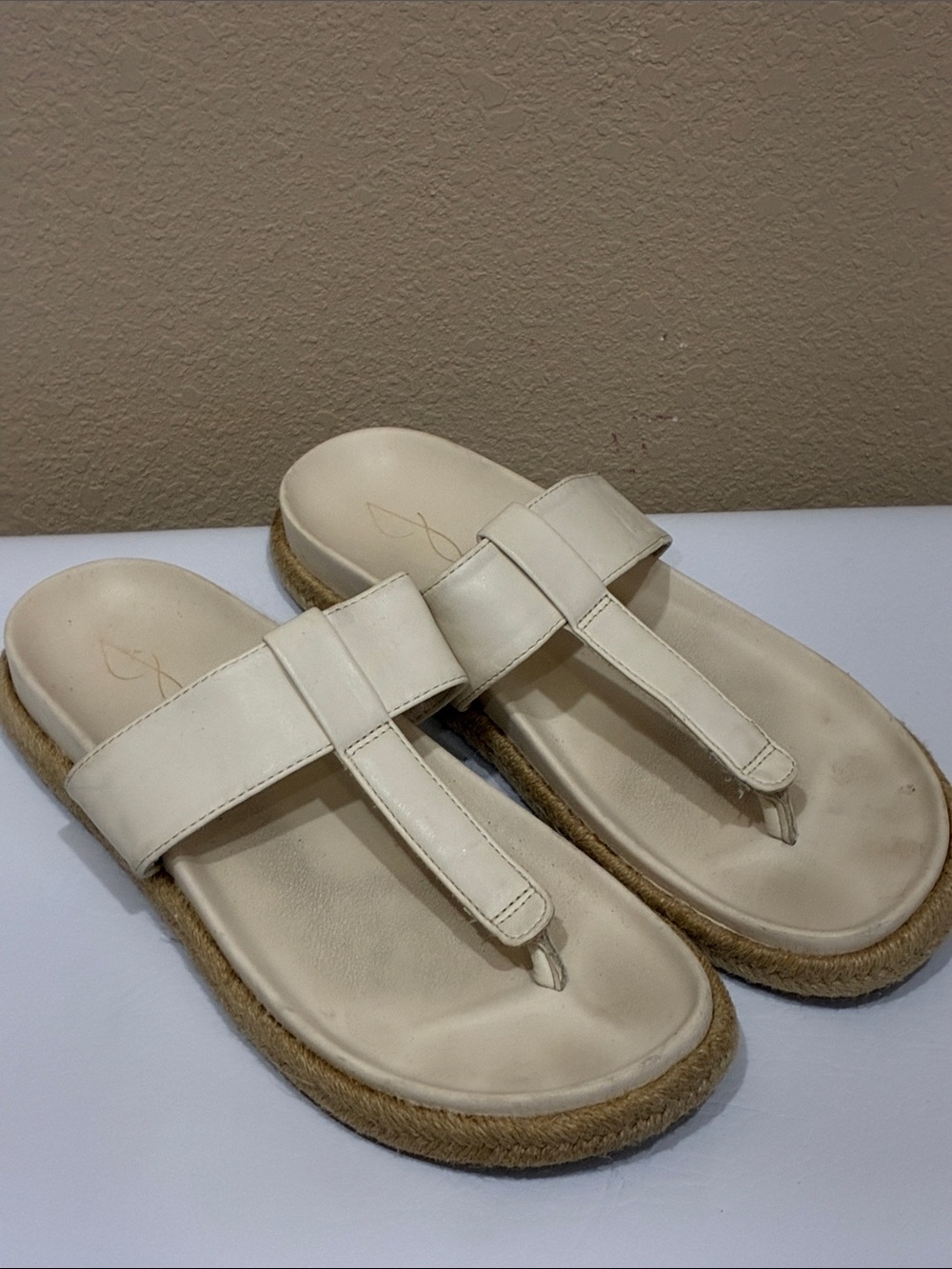 Joie Cream Leather Toe-Post Sandals with Jute-Wrapped Sole